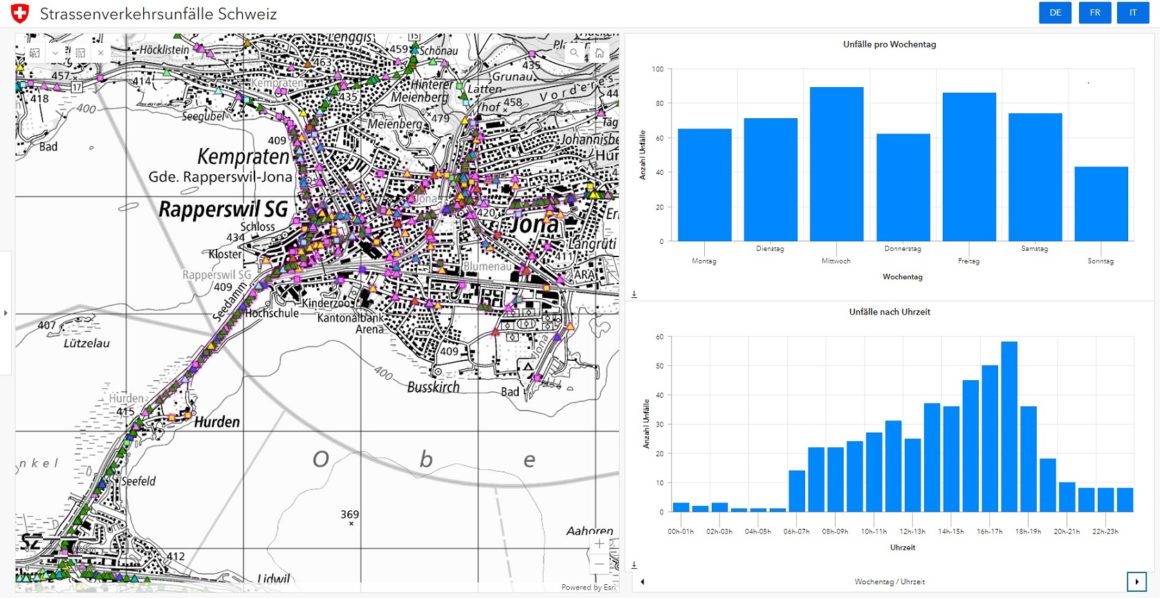 Dashboard zeigt Strassenverkehrsunfälle bei Rapperswil in der Schweiz