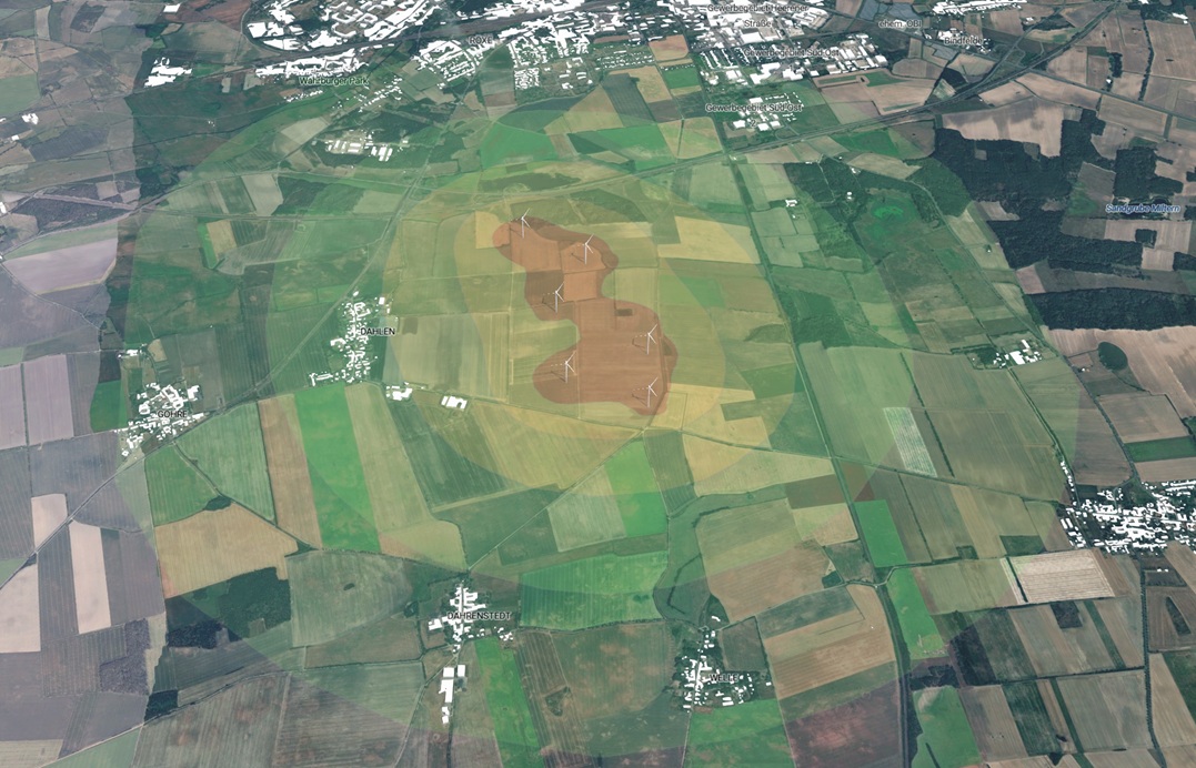 Visualisierung der Schallwerte für geplante Windkraftanlagen bei Stendal