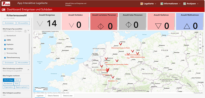 Screenshot des Dashboards „Interaktive Lagekarte“ mit Deutschlandkarte und markierten Ereignissen. Oben werden Kennzahlen angezeigt: 14 Ereignisse, 0 Schäden, 0 Verletzte, 0 Tote, 0 Gefahren und 0 Maßnahmen. Links befindet sich ein Filterbereich mit Kriterienauswahl, in der Kartenansicht sind mehrere rote Markierungen und Beschriftungen für Ereignisse in Deutschland sichtbar.