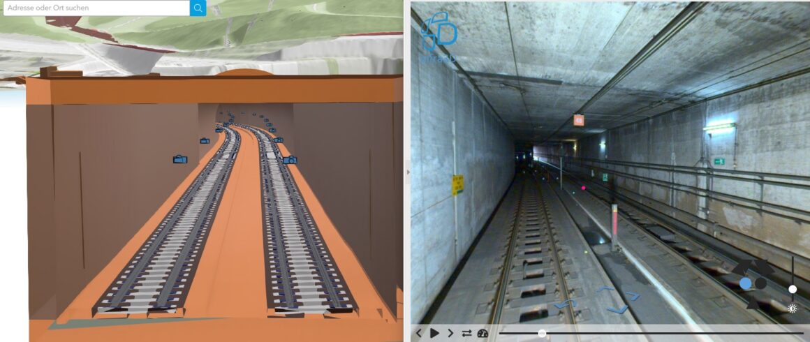 Gegenüberstellung eines 3D-Infrastrukturmodells und einer Tunnelaufnahme. Die Darstellung zeigt Gleisanlagen in einem digitalen Zwilling und deren Verknüpfung mit realen Bilddaten eines Bahntunnels.